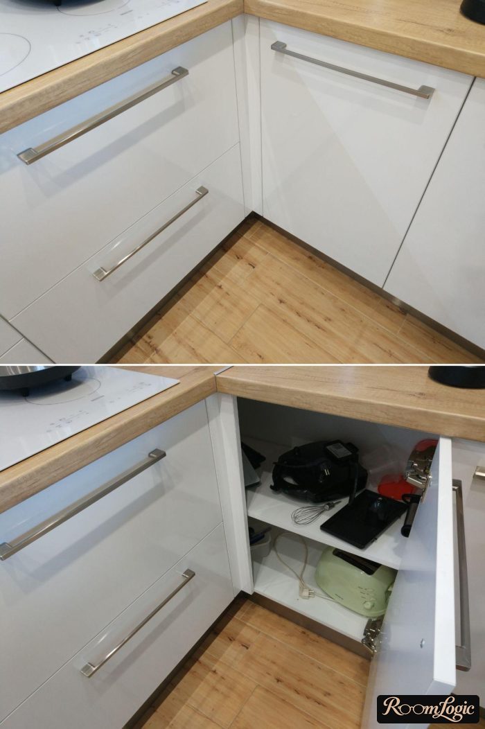 hinged door at the corner of the kitchen