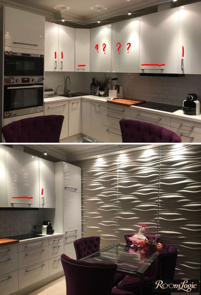 idea of designing small kitchen - handles on upper cabinet fronts are not needed
