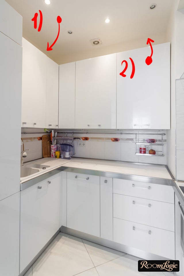idea of small kitchen design - lower ceiling or raise cabinets