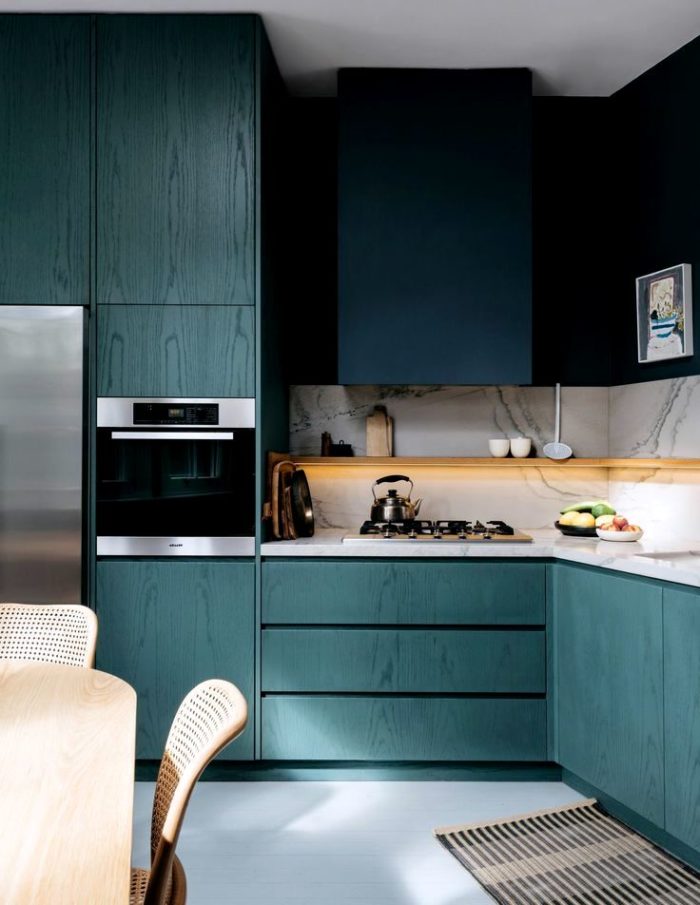 interesting kitchen design idea - blue painted wood