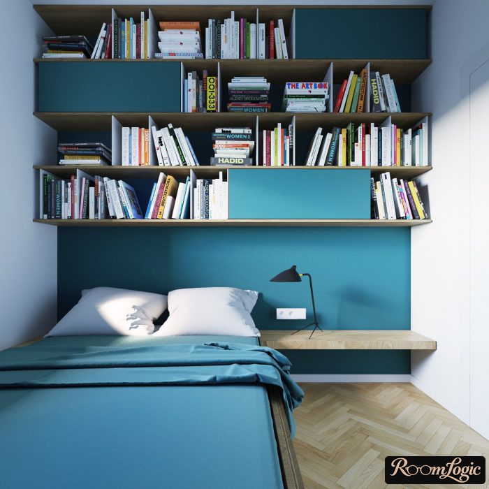 interior in light blue tones with light wood