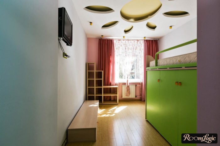 interior of a kids' room with a loft bed