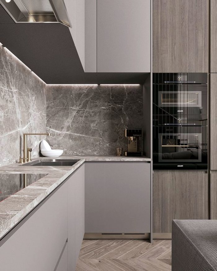 interior of a kitchen in unsaturated gray tones