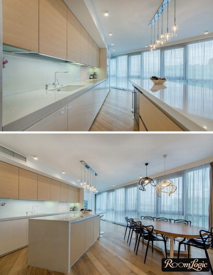 interior of a modern spacious kitchen-living room