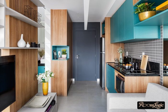 interior of a studio apartment with a combination of light blue and wood