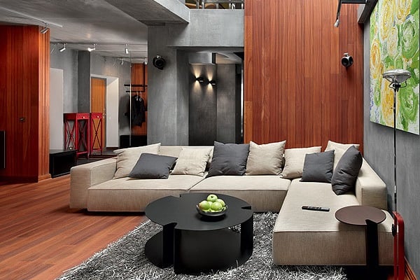 interior with concrete and red wood in constructivism style