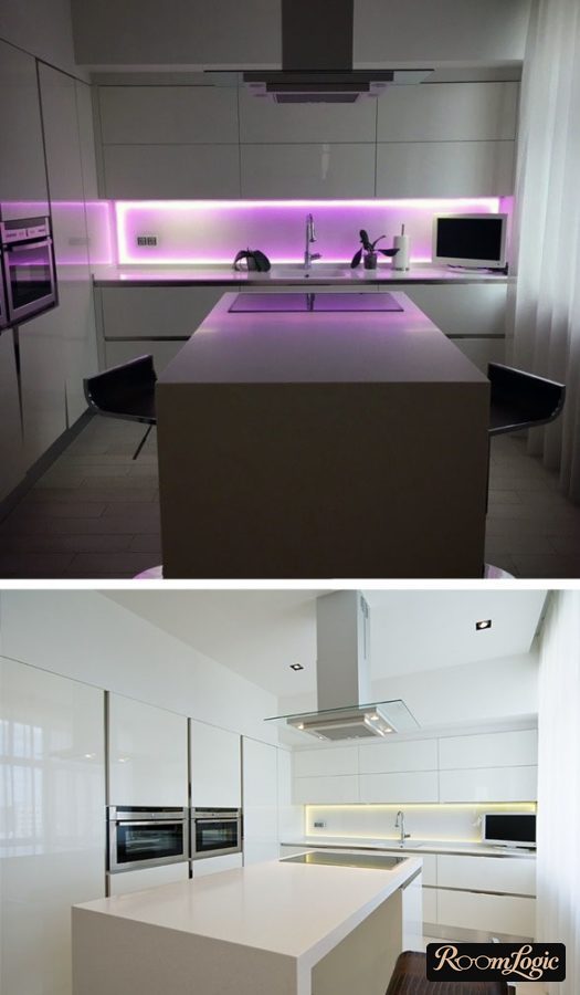 Island breakfast bar with purple lighting in the kitchen