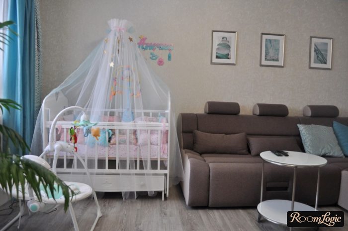 kids' crib in the living room