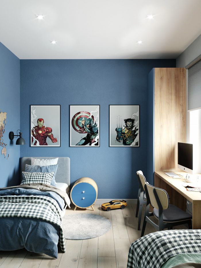 kids' room in scandi style with blue accent