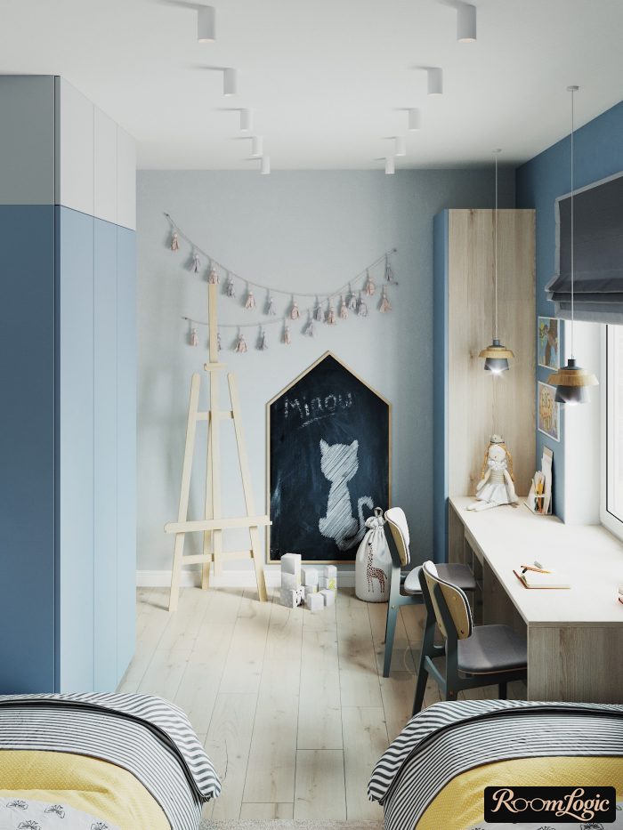 kids' room in scandi style with light blue and yellow accents