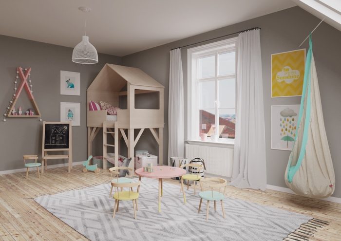 kids' room with gray walls in pastel tones