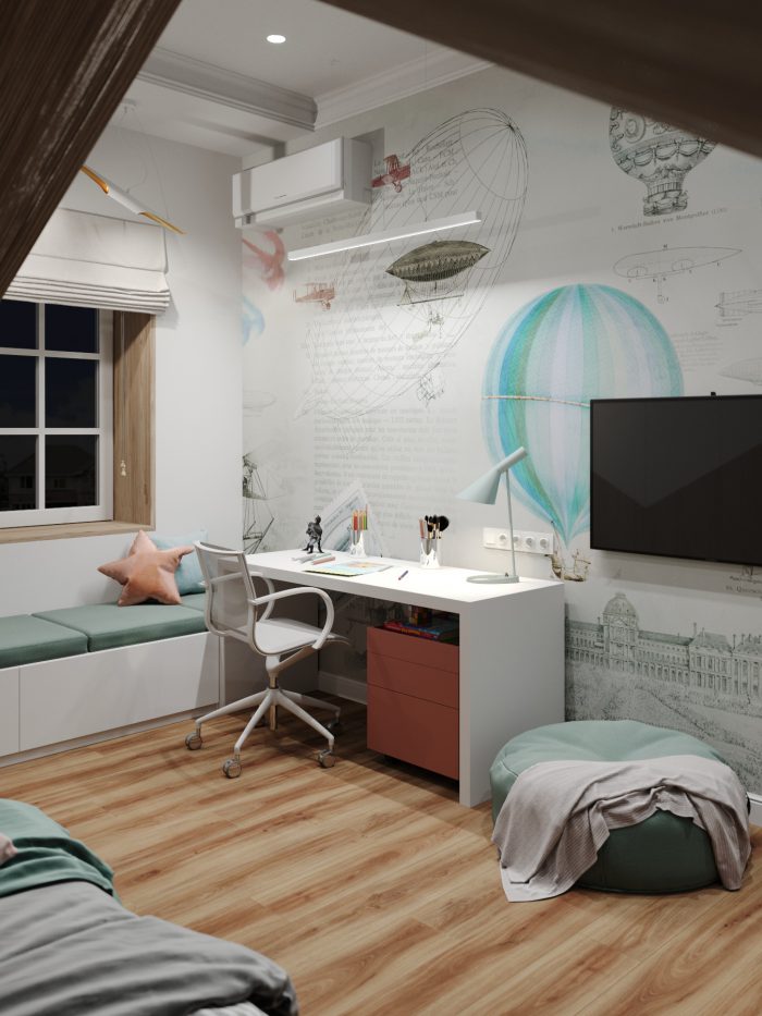 kids' room with wallpaper in scandi style