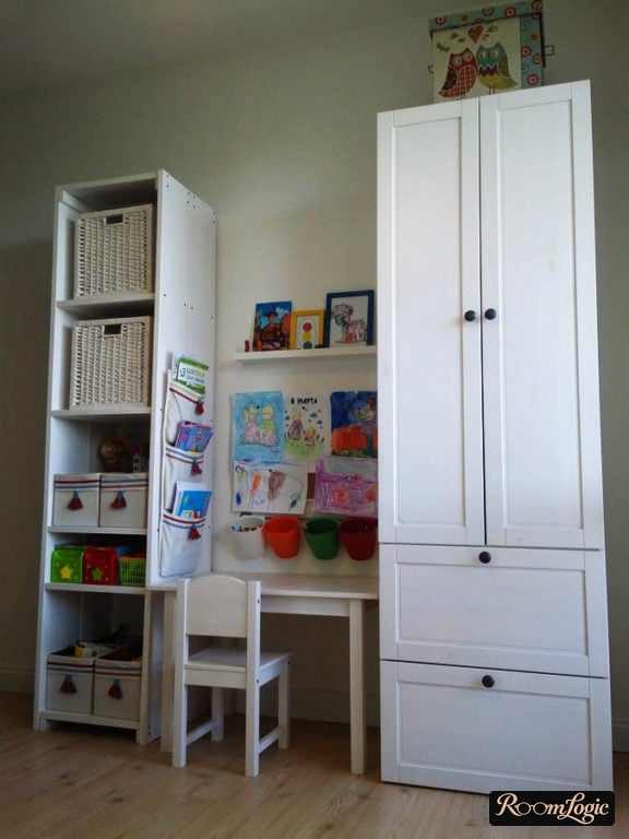 kids' table and white cabinets