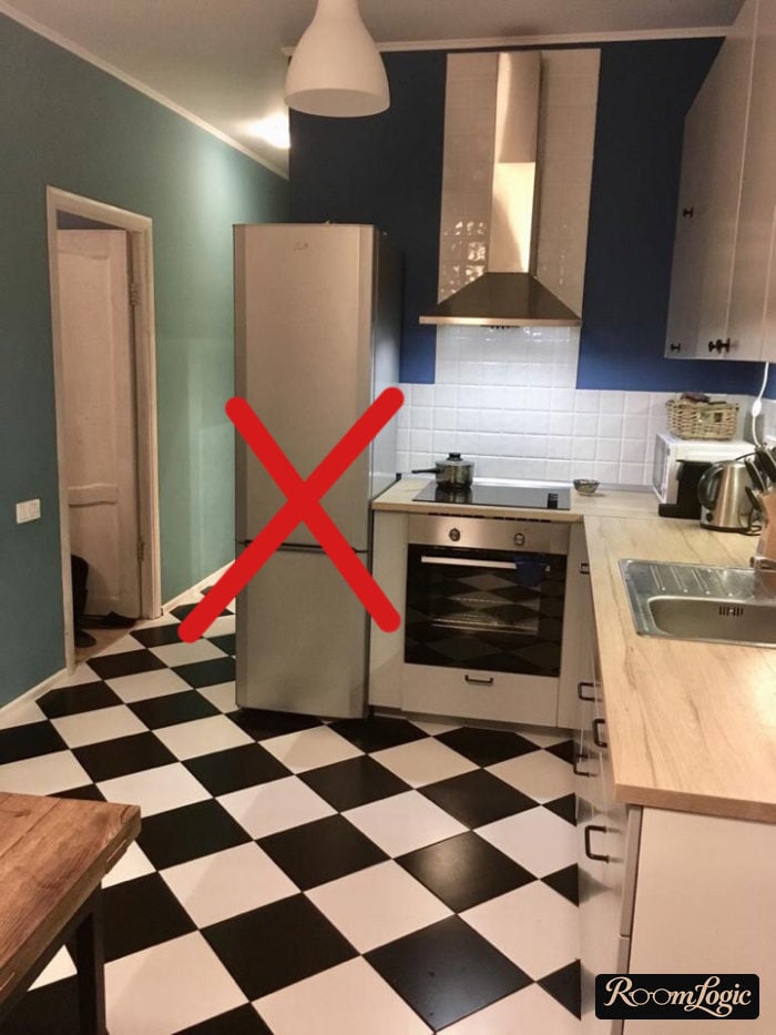 kitchen 110 square feet design project with refrigerator at the entrance