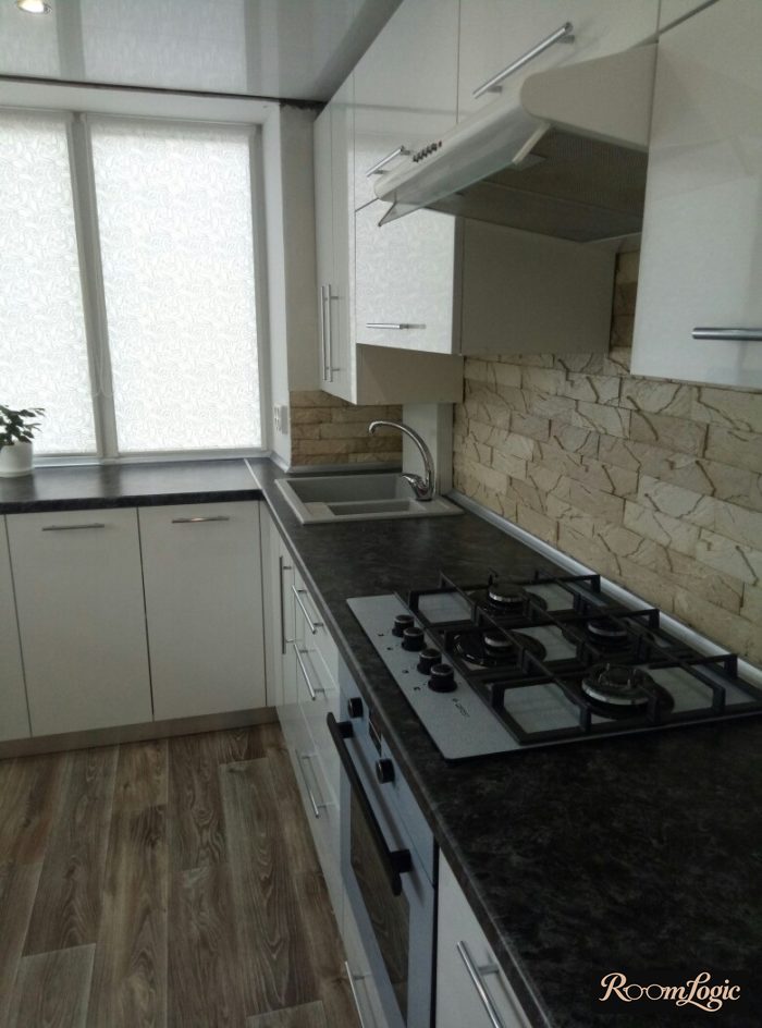 kitchen 110 square feet with an interior window and window sill countertop