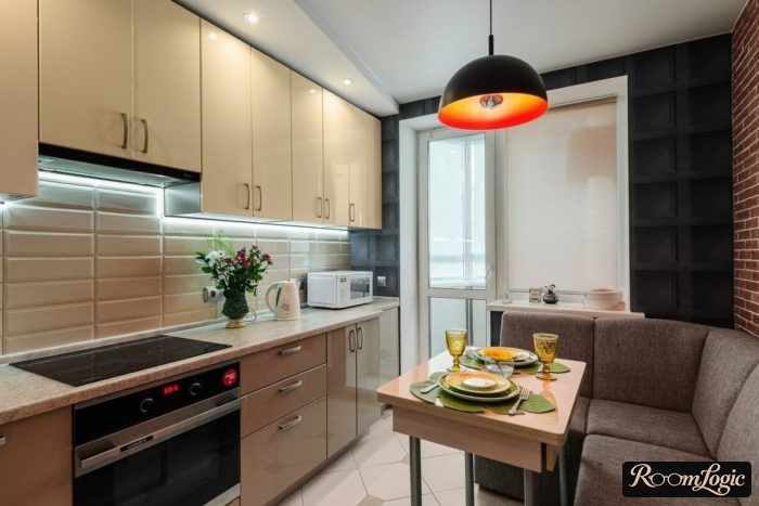 kitchen 110 square feet with sofa and television