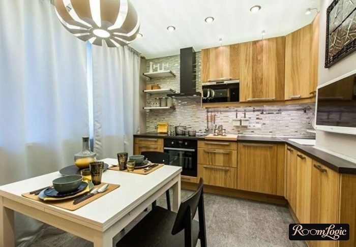 kitchen 130 square feet square design with curtains