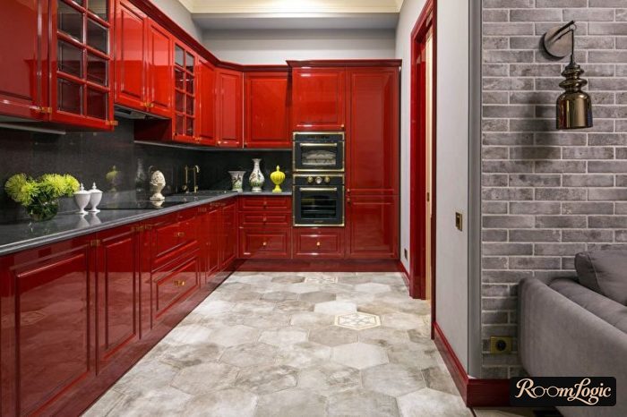 kitchen 130 square feet with sofa and television