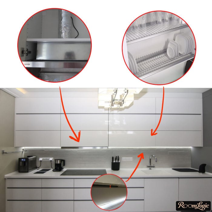 Kitchen cabinet with a dish-drying rack and built-in range hood