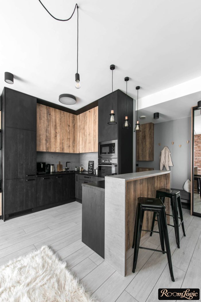 kitchen cabinets in dark wood in loft style