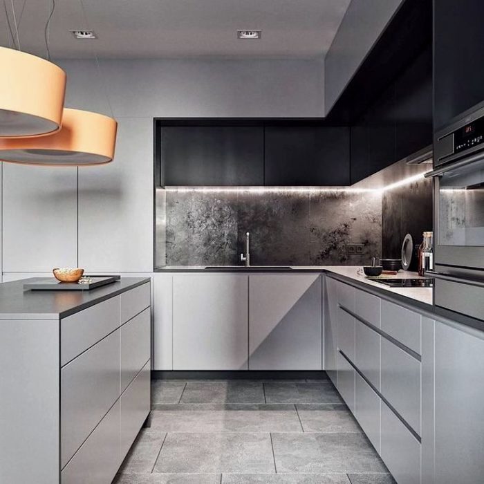 kitchen design in an apartment with elements of minimalism and loft styles