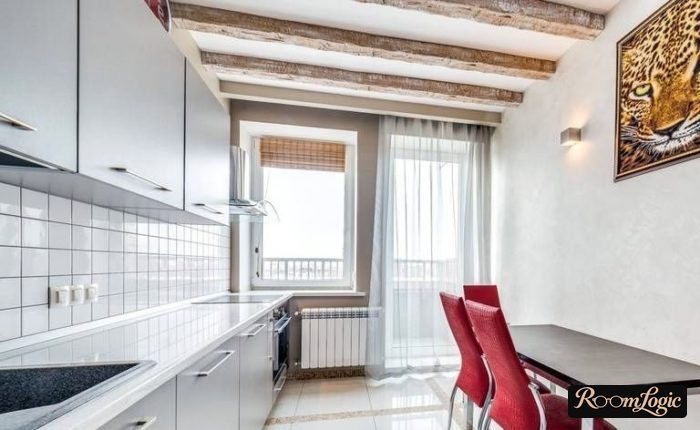 kitchen design with balcony and sheer curtain