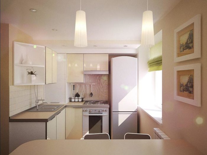 kitchen design with gas water heater in tiny apartment