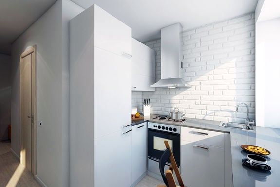 kitchen design without door in tiny apartment