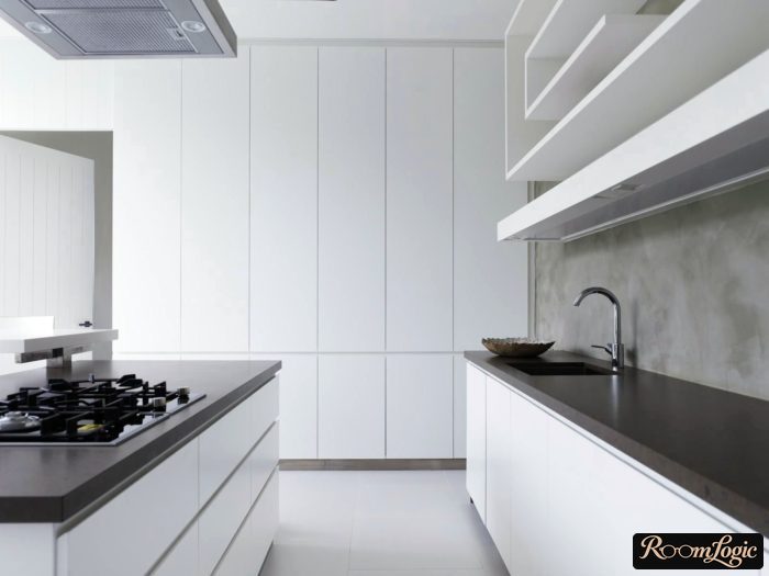 kitchen high-tech white with black countertop