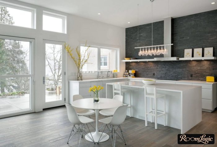 kitchen in a private home with an island and no upper cabinets