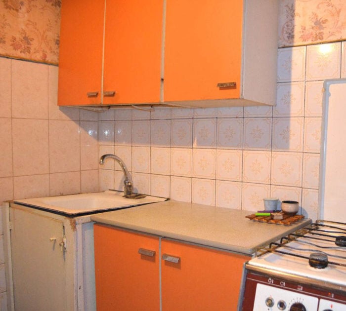 kitchen in a tiny apartment before renovation