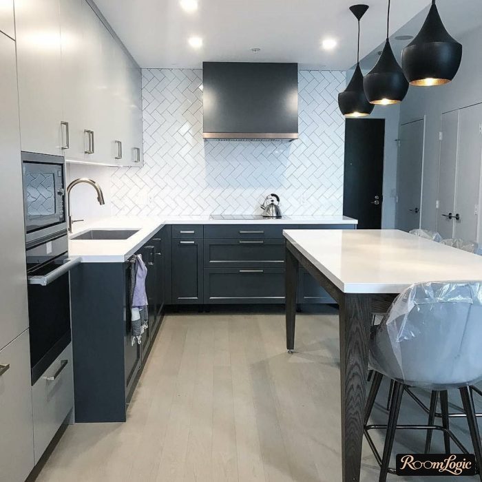 kitchen in gray beige blue tones