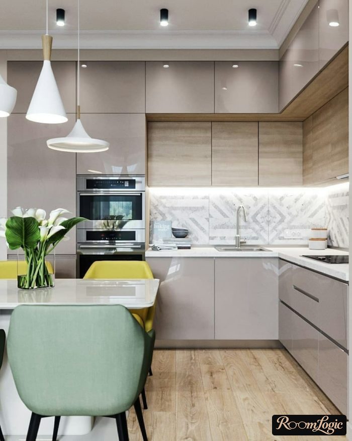 kitchen in gray tones with bright accents
