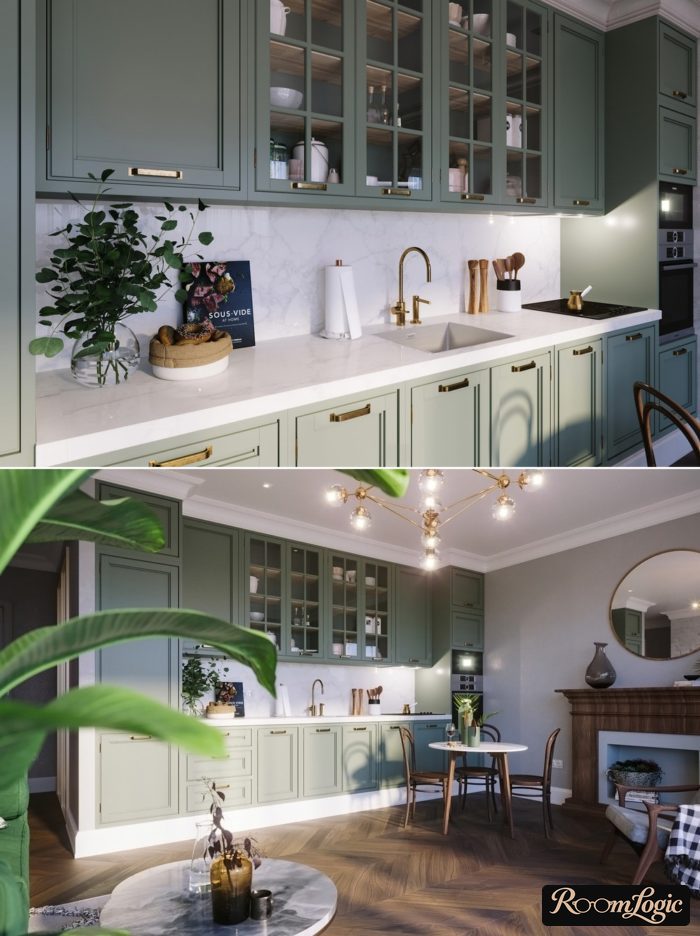 kitchen in gray tones with bright accents