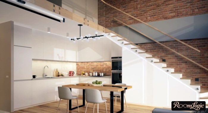 kitchen in minimalist style in a two-level apartment