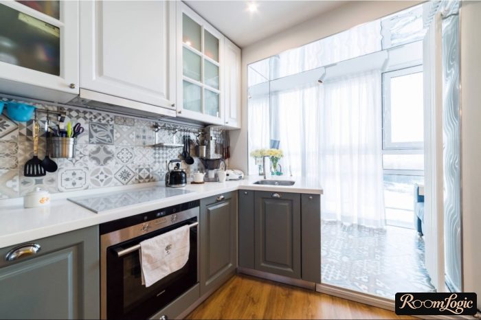 kitchen in neoclassical style combined with balcony