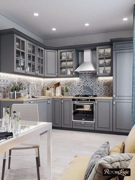 kitchen in neoclassical style with corner upper cabinet