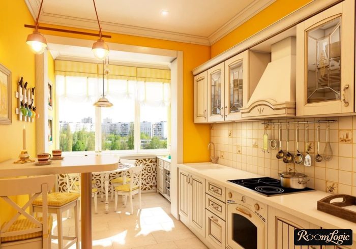 Kitchen in Provence style with a balcony in an apartment