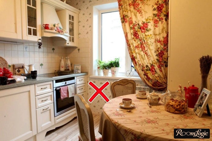 Kitchen in Provence style with wallpaper with a small pattern