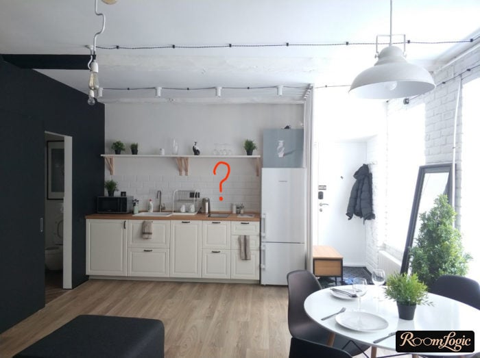 kitchen in scandi loft style without upper cabinets and without range hood