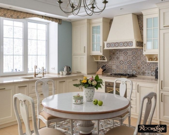 kitchen interior 110 square feet with window sill-countertop in classical style