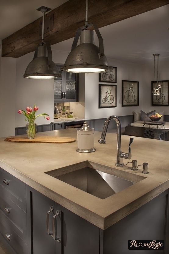 kitchen island with concrete countertop