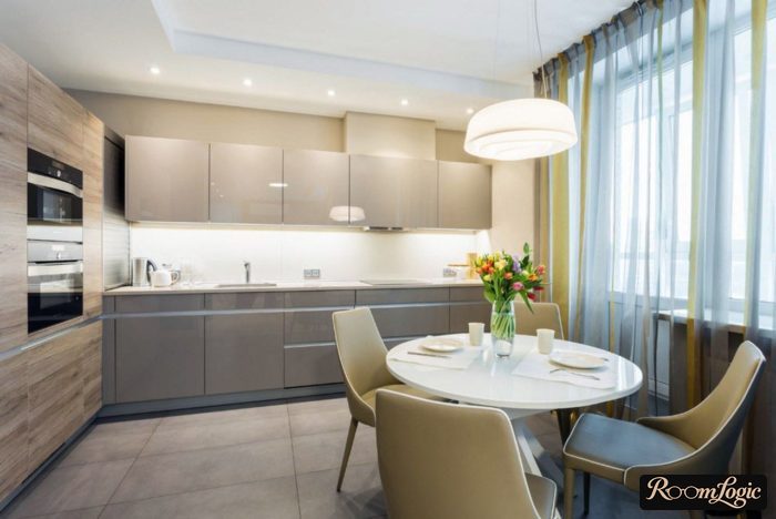 kitchen layout 3 by 4 with sheer curtain