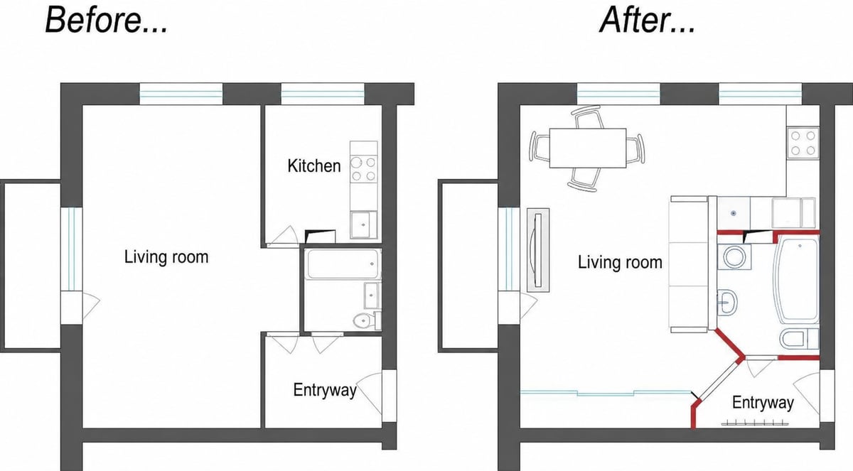 Kitchen layout before and after