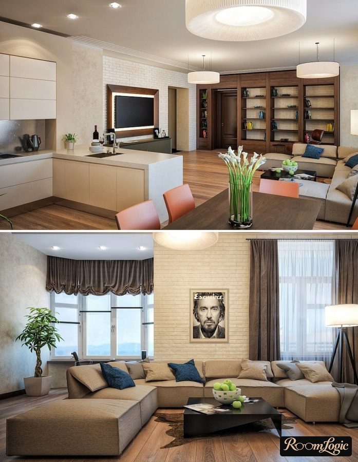 kitchen-living room in brown and gray