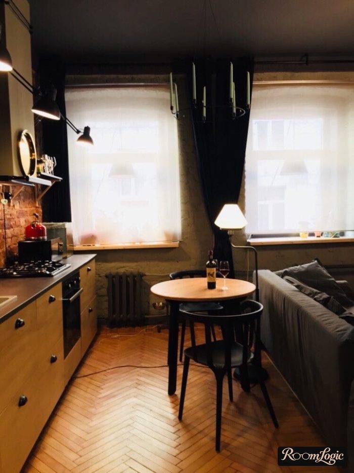 kitchen-living room in dark tones