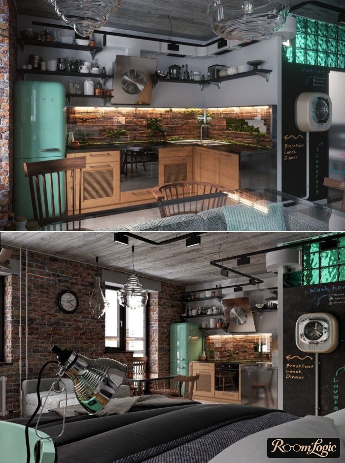 kitchen-living room in loft style with teal accents