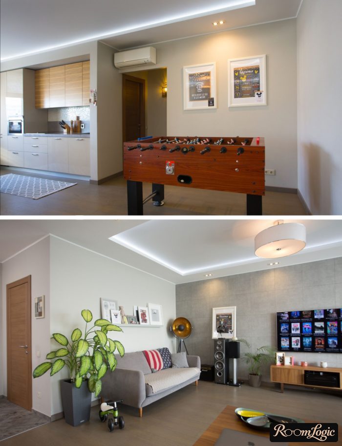 kitchen-living room in modern style with loft elements