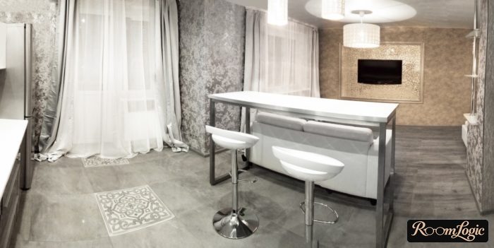 kitchen-living room with balcony, silver wallpaper and curtains