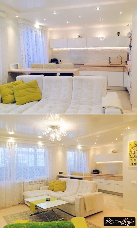 kitchen-living room with three-person breakfast bar